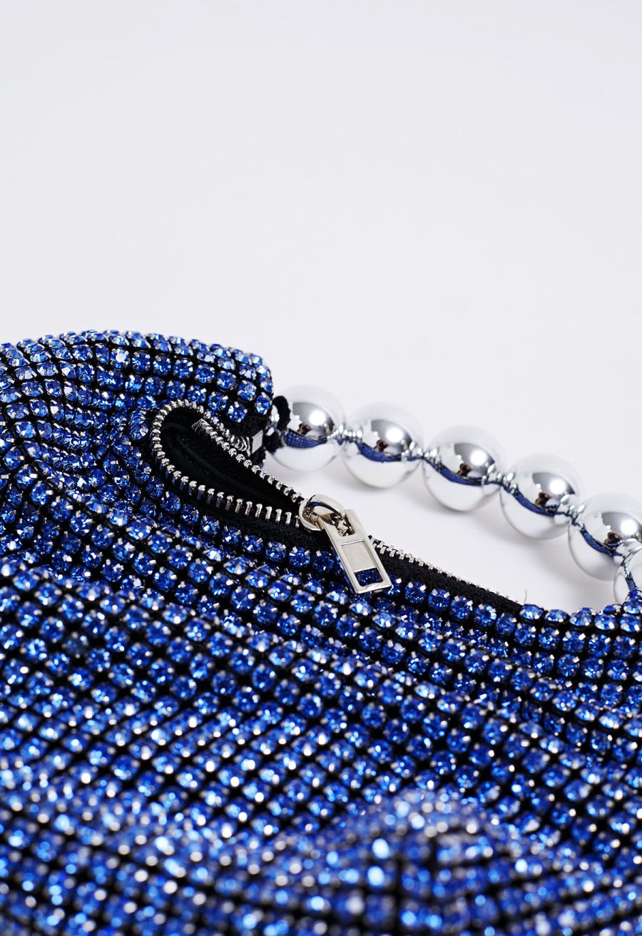 Lavish Full Rhinestone Beaded Handle Bag in Navy