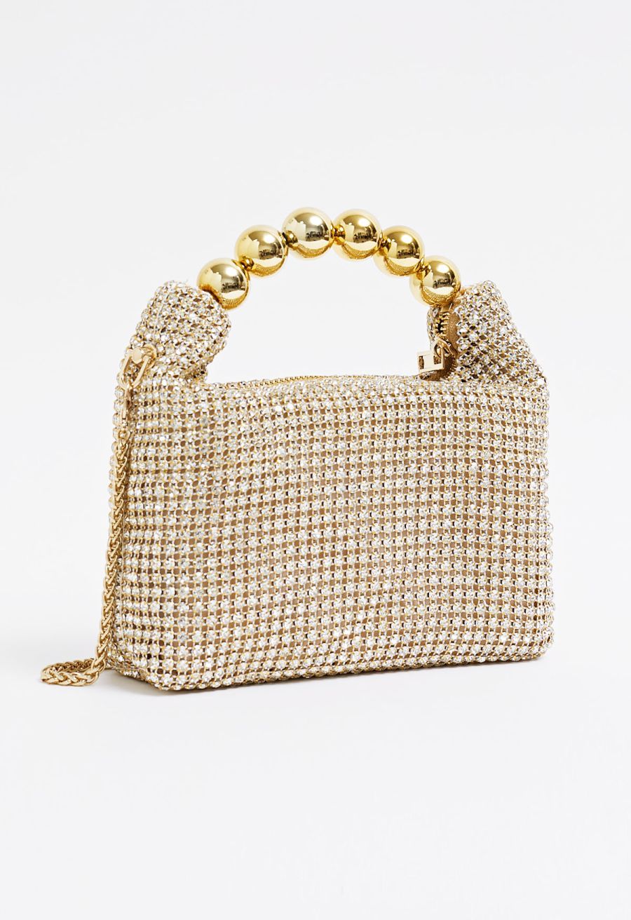 Lavish Full Rhinestone Beaded Handle Bag in Gold