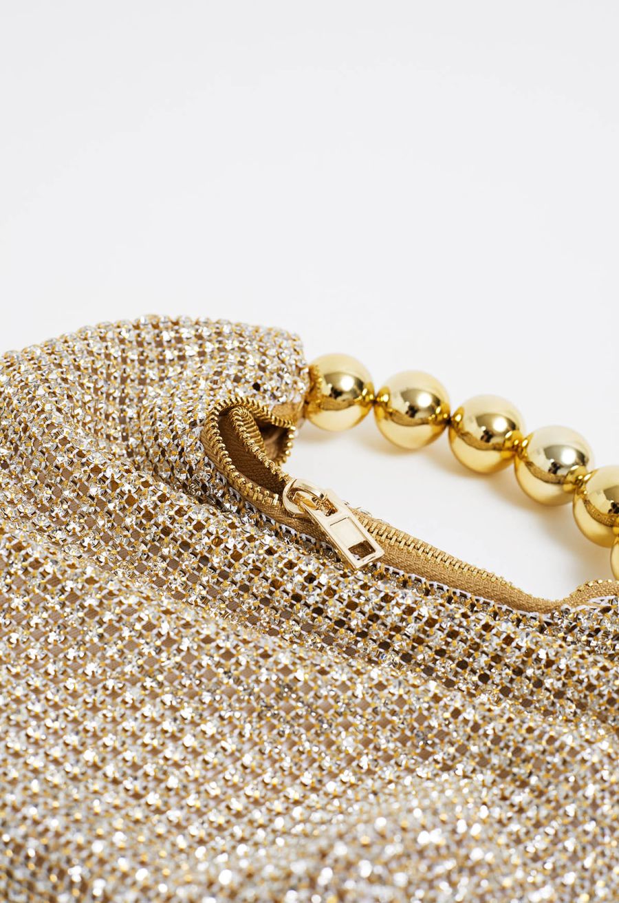 Lavish Full Rhinestone Beaded Handle Bag in Gold