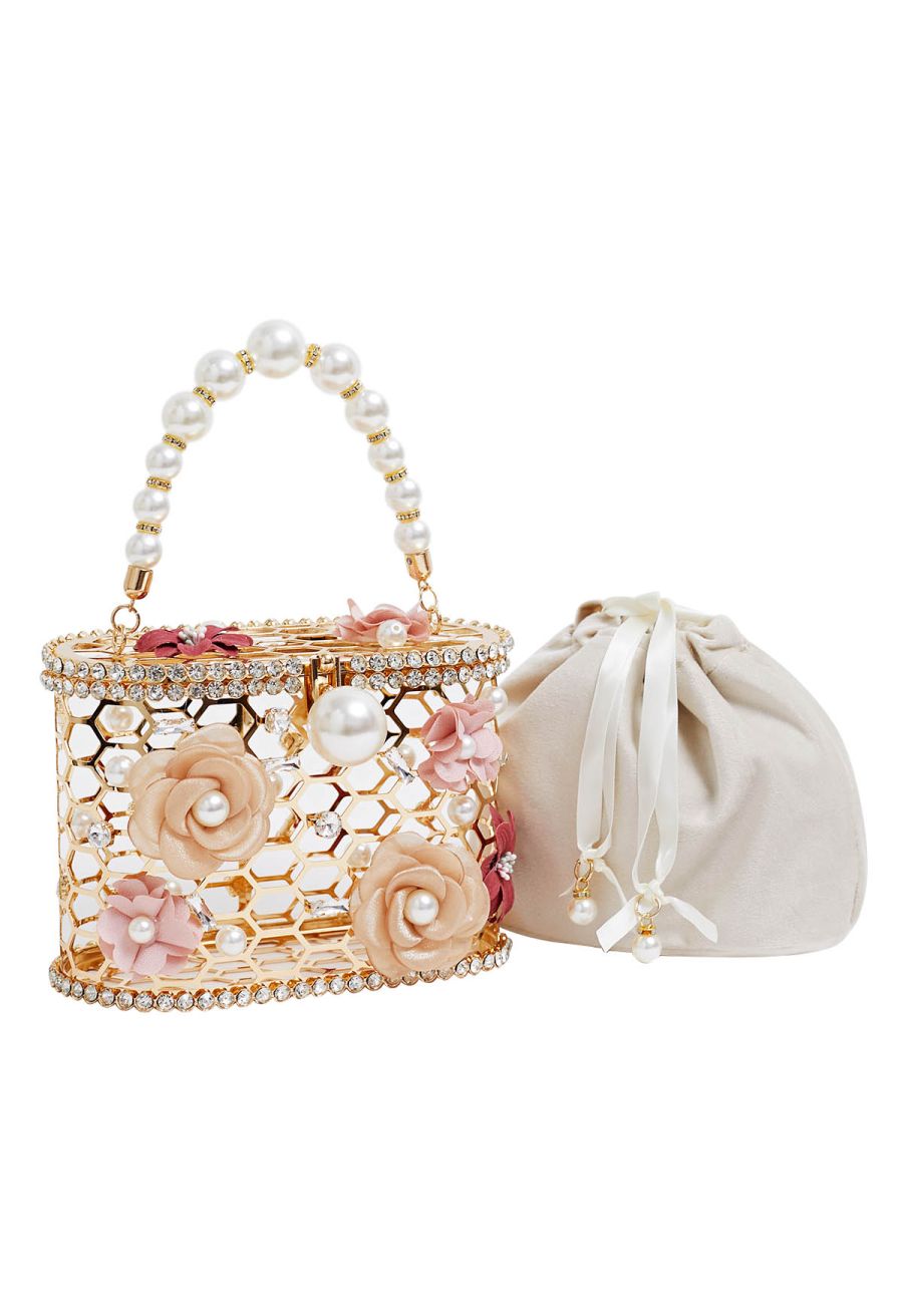 3D Floral Rhinestone Pearl Hollow Out Handbag