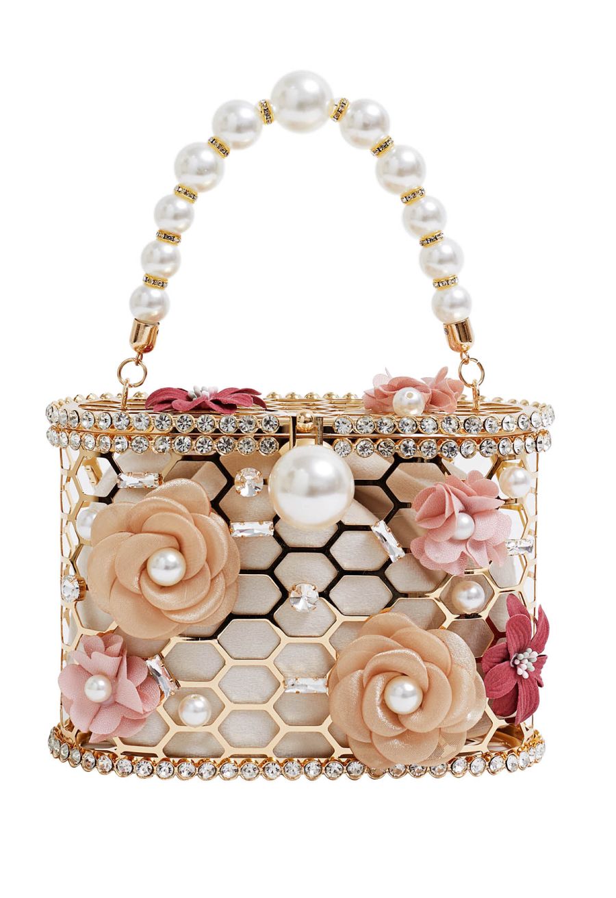 3D Floral Rhinestone Pearl Hollow Out Handbag