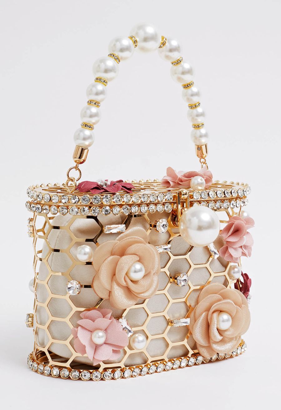 3D Floral Rhinestone Pearl Hollow Out Handbag