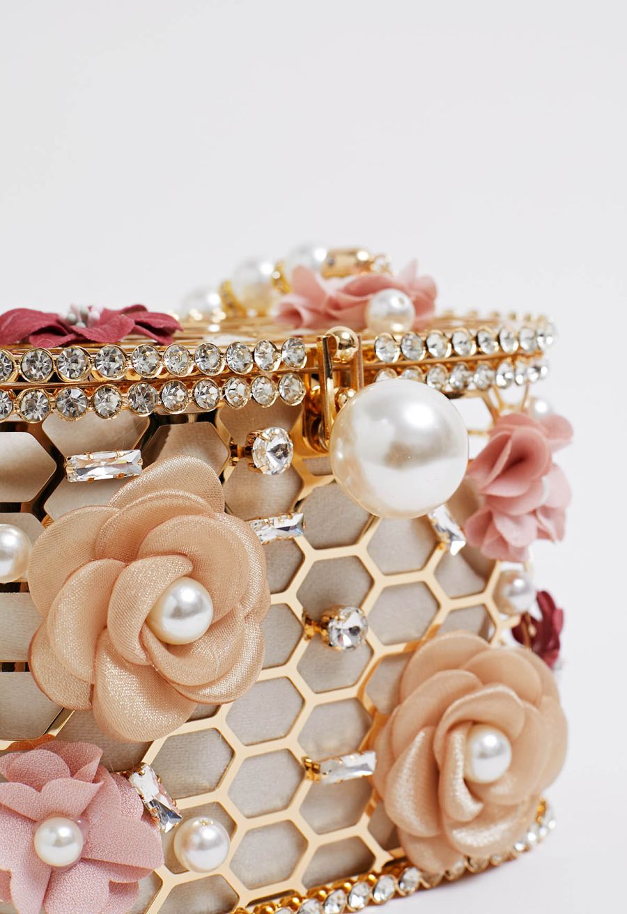 3D Floral Rhinestone Pearl Hollow Out Handbag