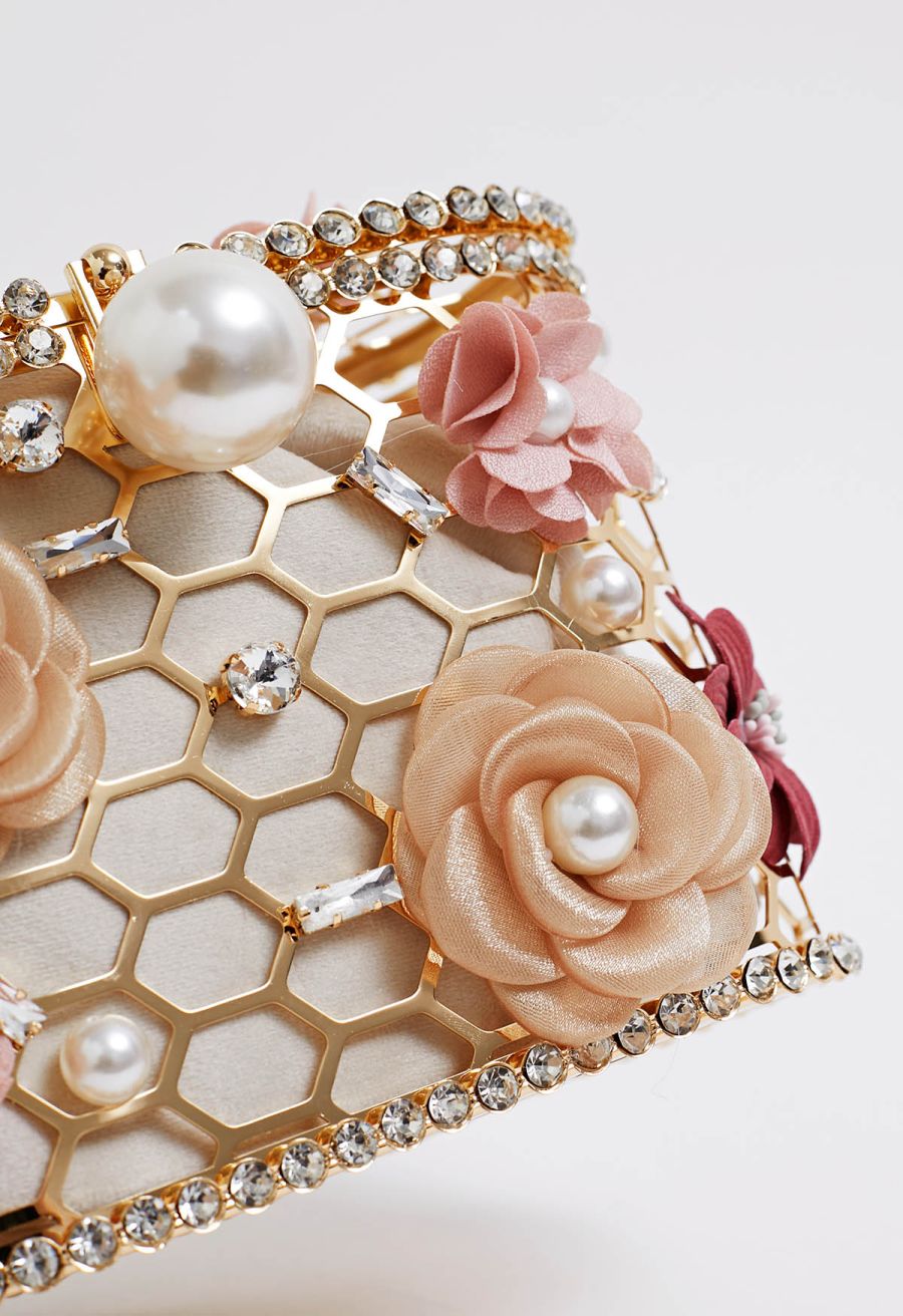 3D Floral Rhinestone Pearl Hollow Out Handbag