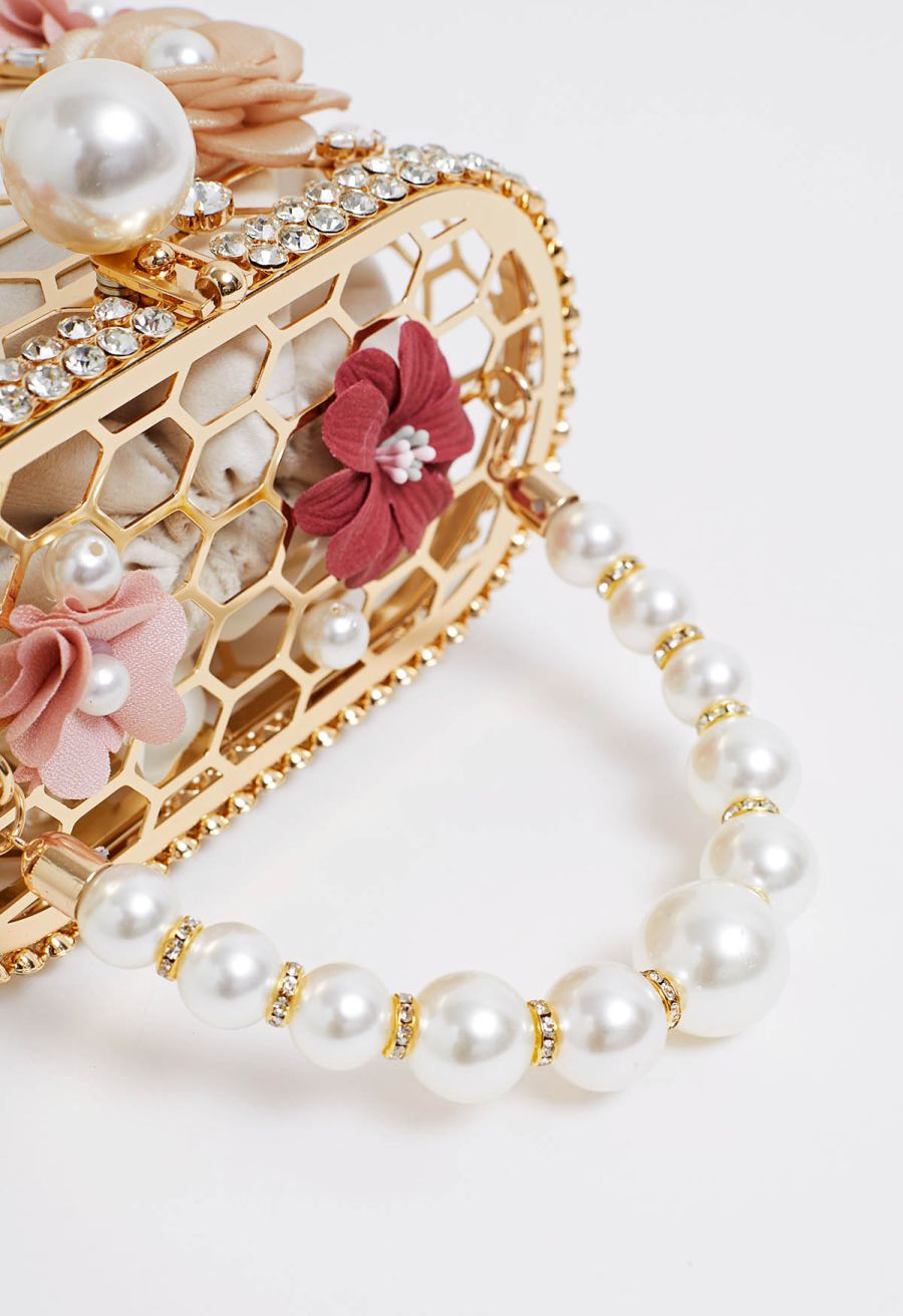 3D Floral Rhinestone Pearl Hollow Out Handbag