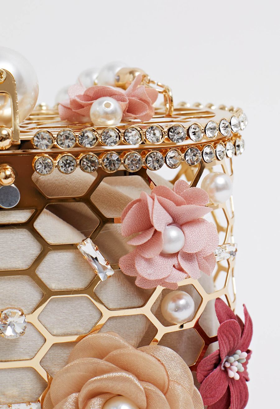 3D Floral Rhinestone Pearl Hollow Out Handbag