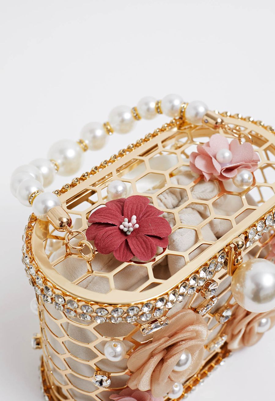 3D Floral Rhinestone Pearl Hollow Out Handbag