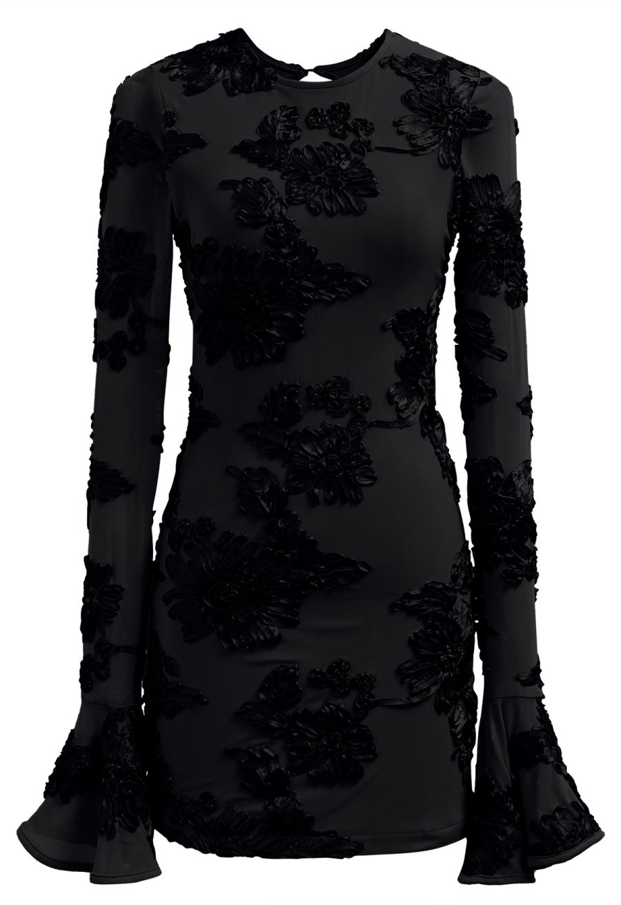 Tapework Lace Flare Cuff Mesh Mini Dress in in Black