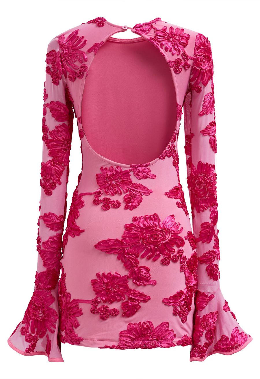 Tapework Lace Flare Cuff Mesh Mini Dress in Hot Pink