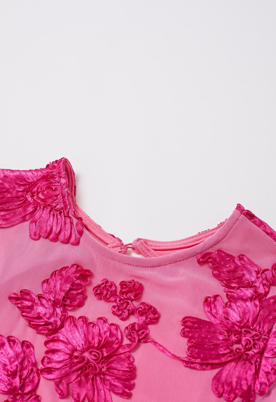Tapework Lace Flare Cuff Mesh Mini Dress in Hot Pink