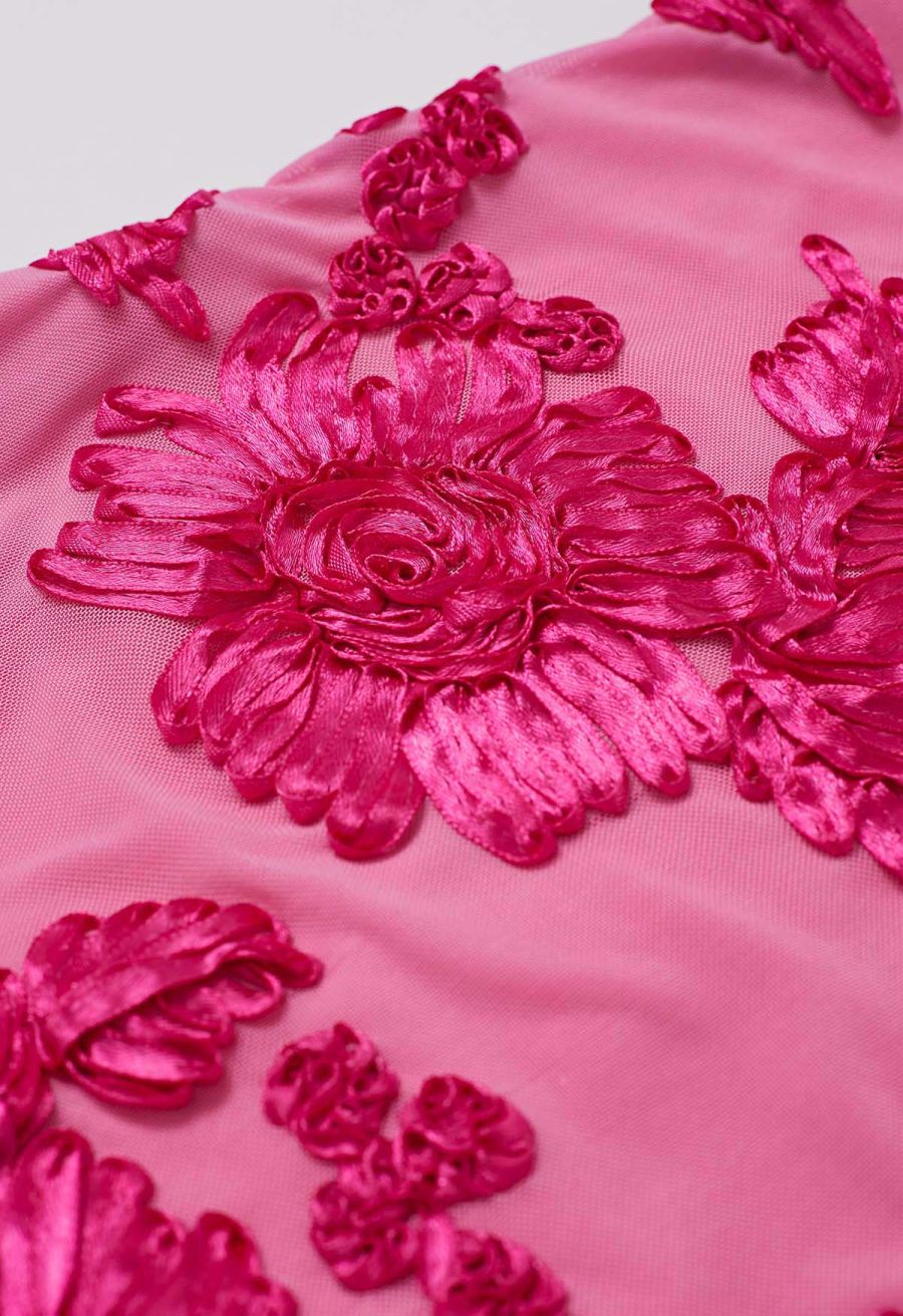 Tapework Lace Flare Cuff Mesh Mini Dress in Hot Pink