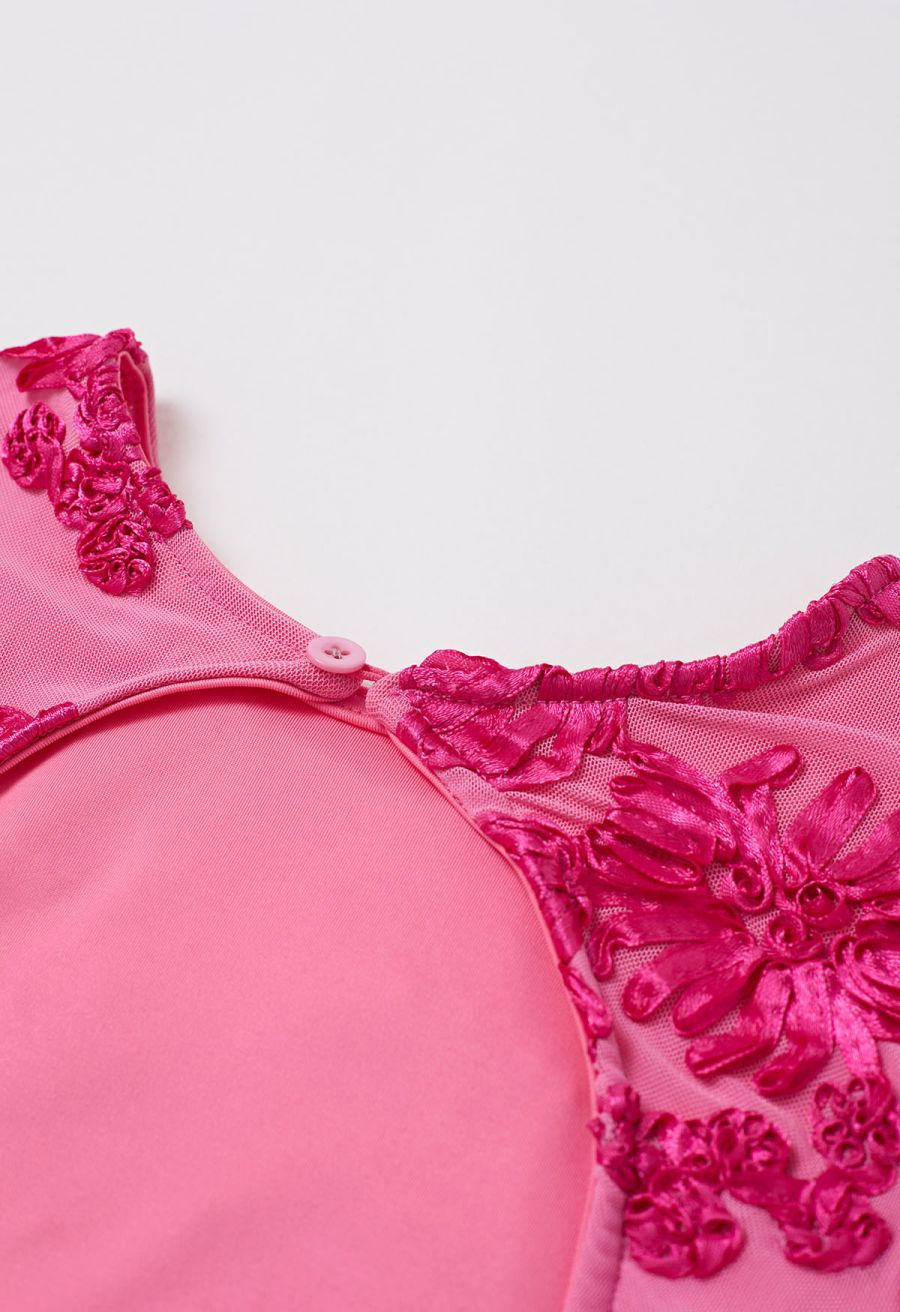 Tapework Lace Flare Cuff Mesh Mini Dress in Hot Pink