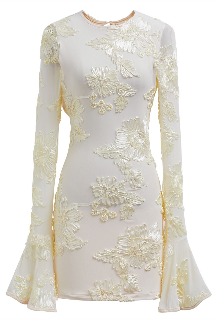 Tapework Lace Flare Cuff Mesh Mini Dress in Cream