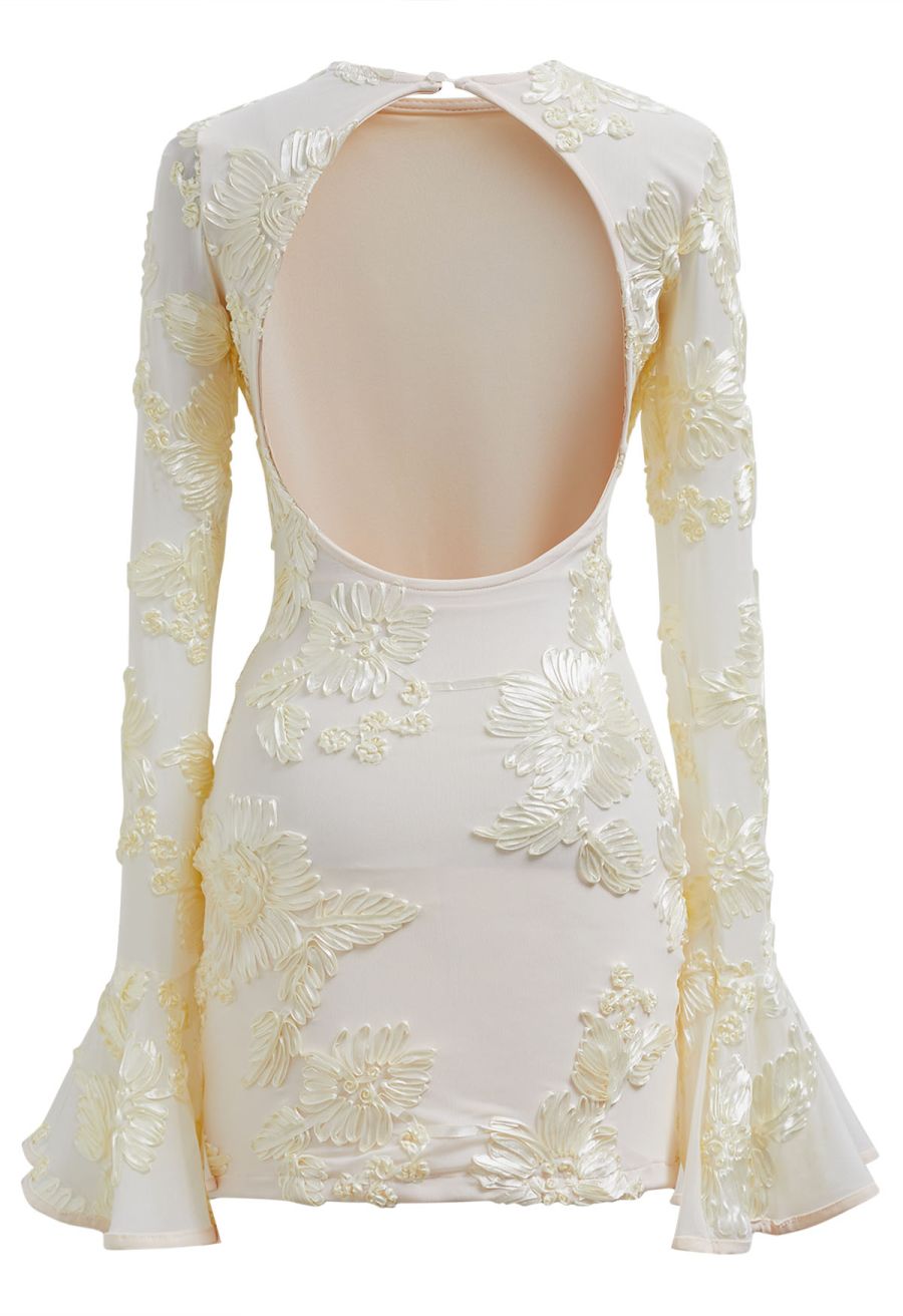 Tapework Lace Flare Cuff Mesh Mini Dress in Cream