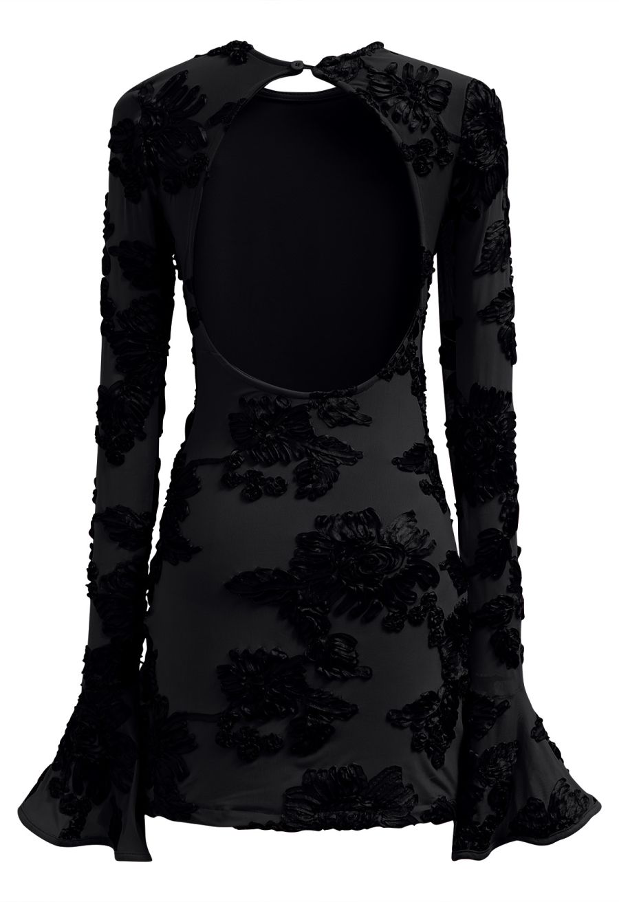 Tapework Lace Flare Cuff Mesh Mini Dress in in Black