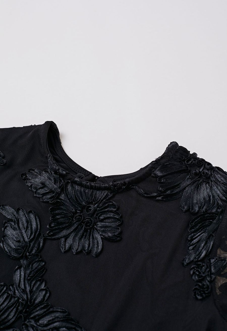 Tapework Lace Flare Cuff Mesh Mini Dress in in Black