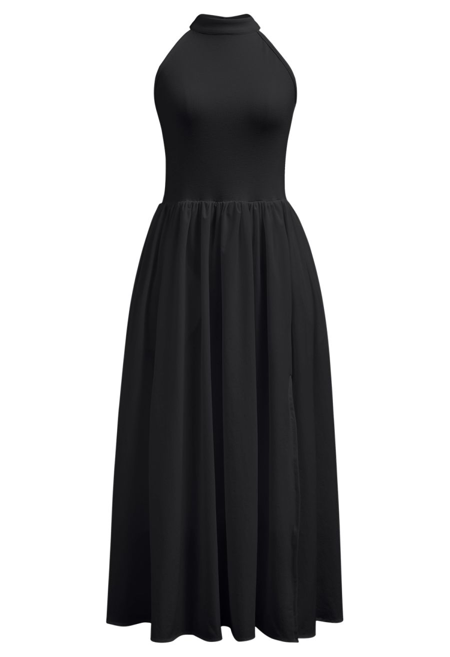 Pure Essence Side Pocket Split Halter Dress in Black