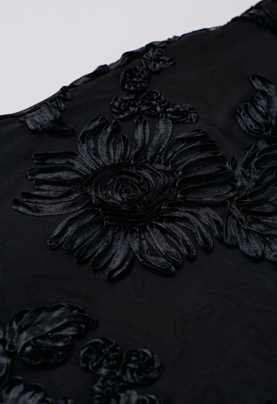 Tapework Lace Flare Cuff Mesh Mini Dress in in Black