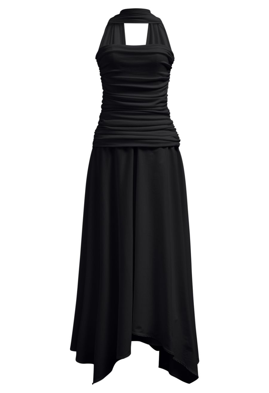 Halter Neck Ruched Asymmetric Maxi Dress in Black