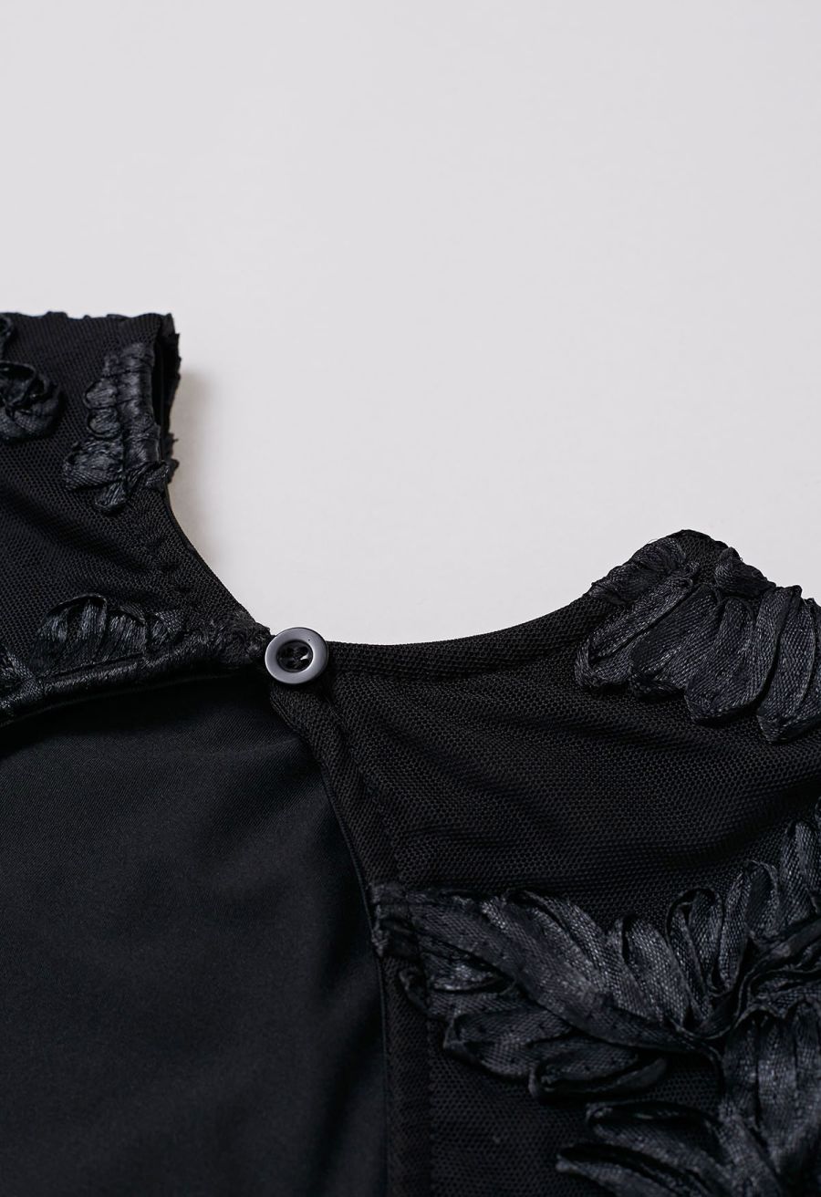 Tapework Lace Flare Cuff Mesh Mini Dress in in Black