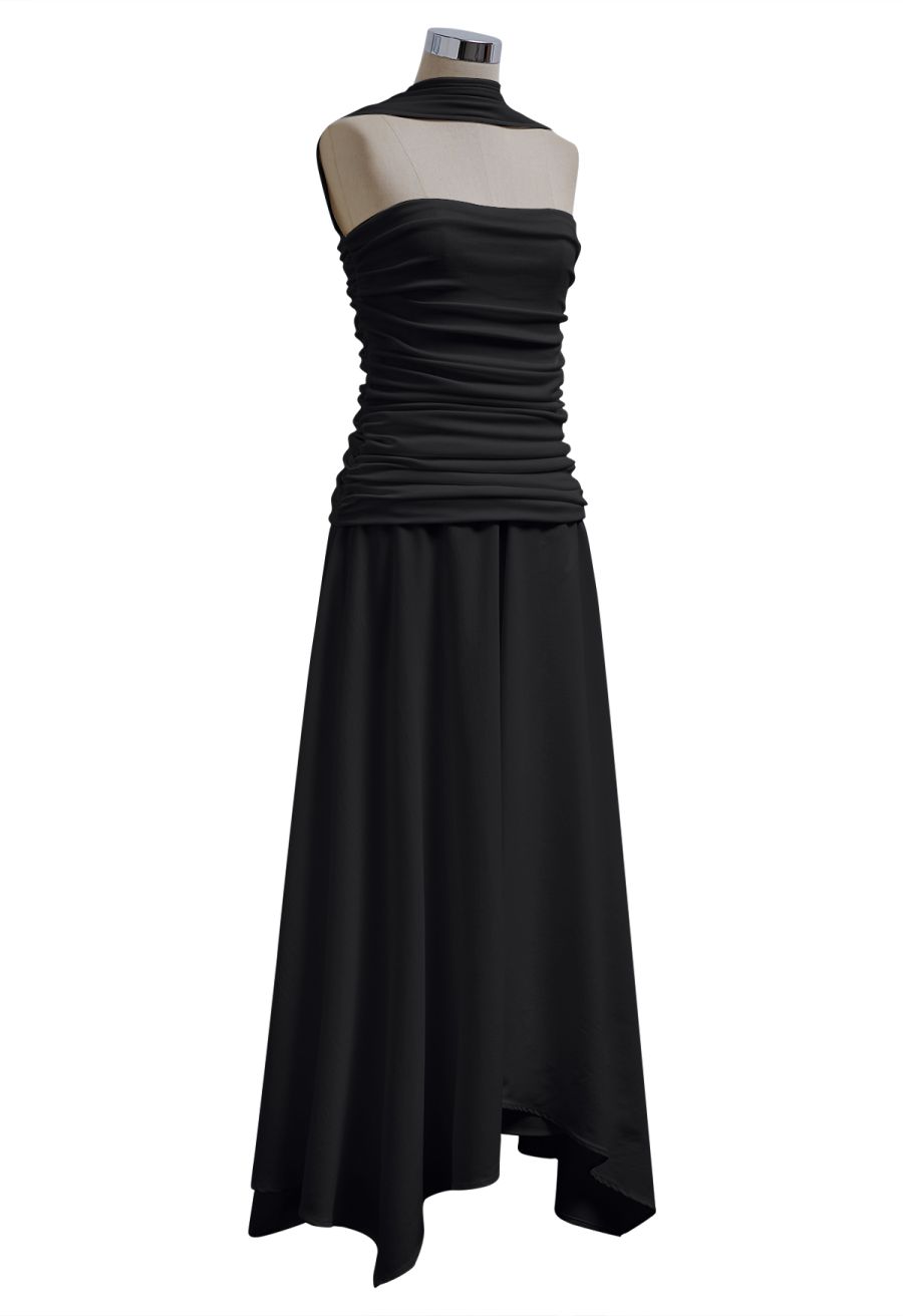 Halter Neck Ruched Asymmetric Maxi Dress in Black