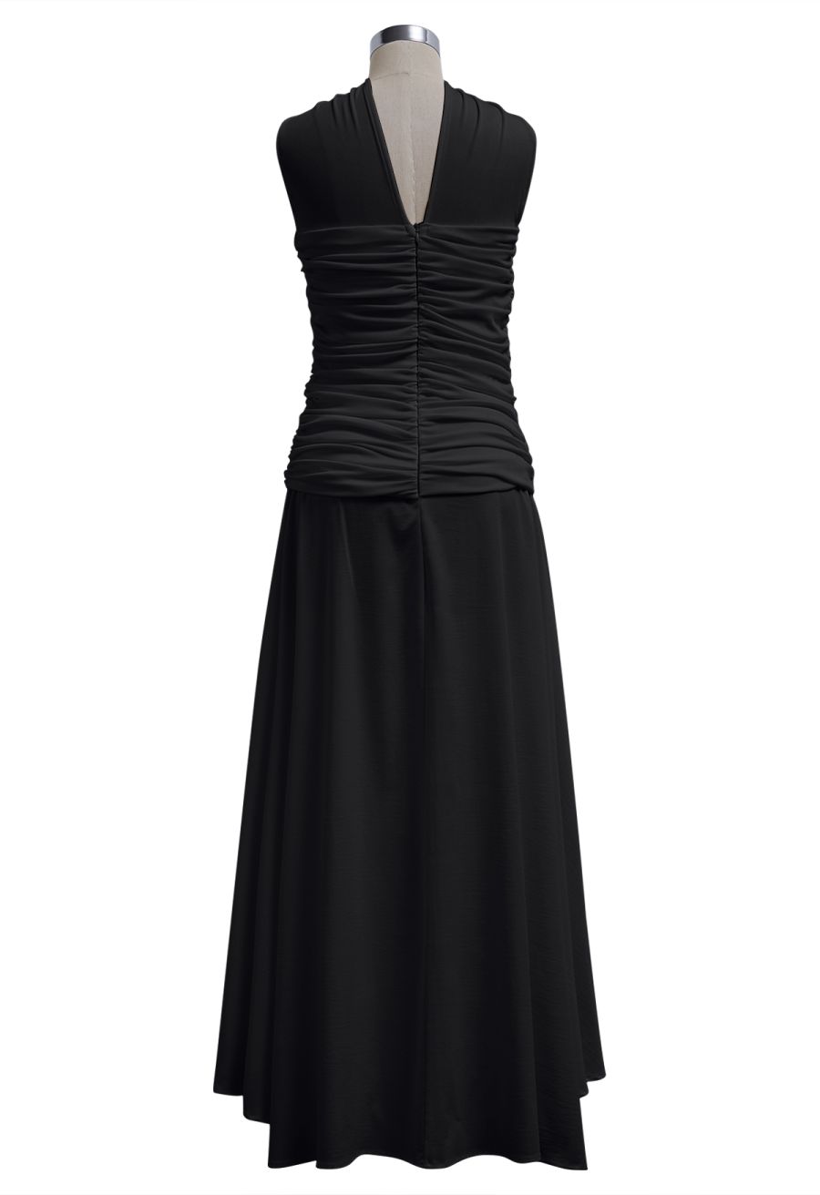 Halter Neck Ruched Asymmetric Maxi Dress in Black