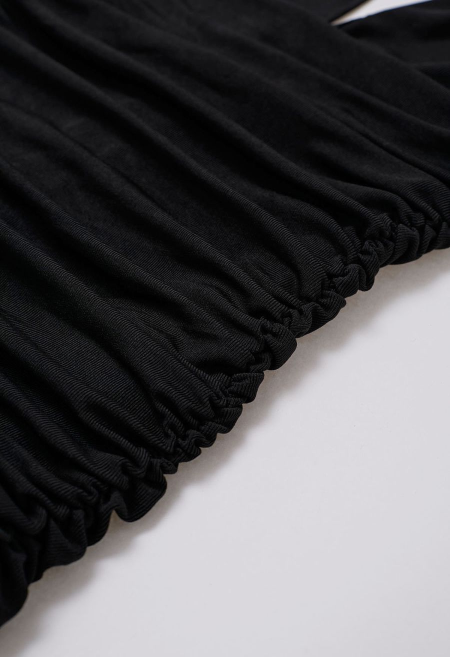 Halter Neck Ruched Asymmetric Maxi Dress in Black