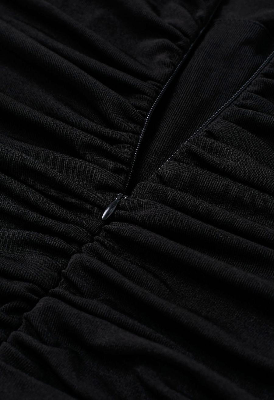 Halter Neck Ruched Asymmetric Maxi Dress in Black