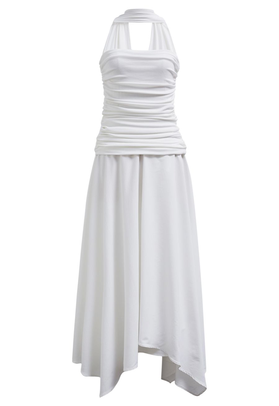 Halter Neck Ruched Asymmetric Maxi Dress in White