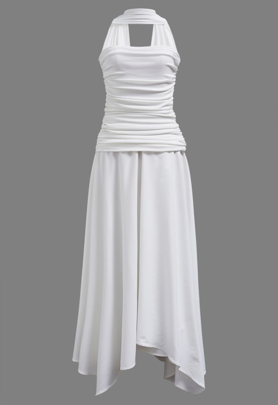 Halter Neck Ruched Asymmetric Maxi Dress in White