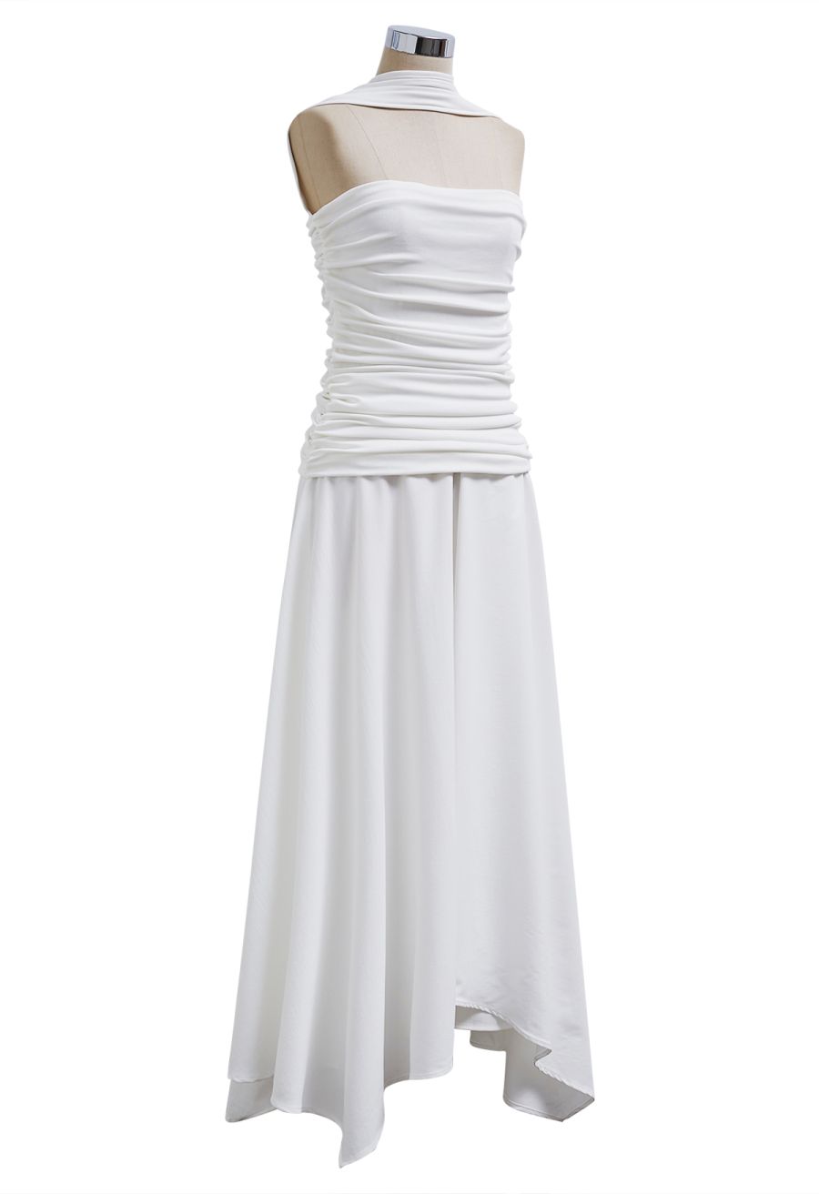 Halter Neck Ruched Asymmetric Maxi Dress in White