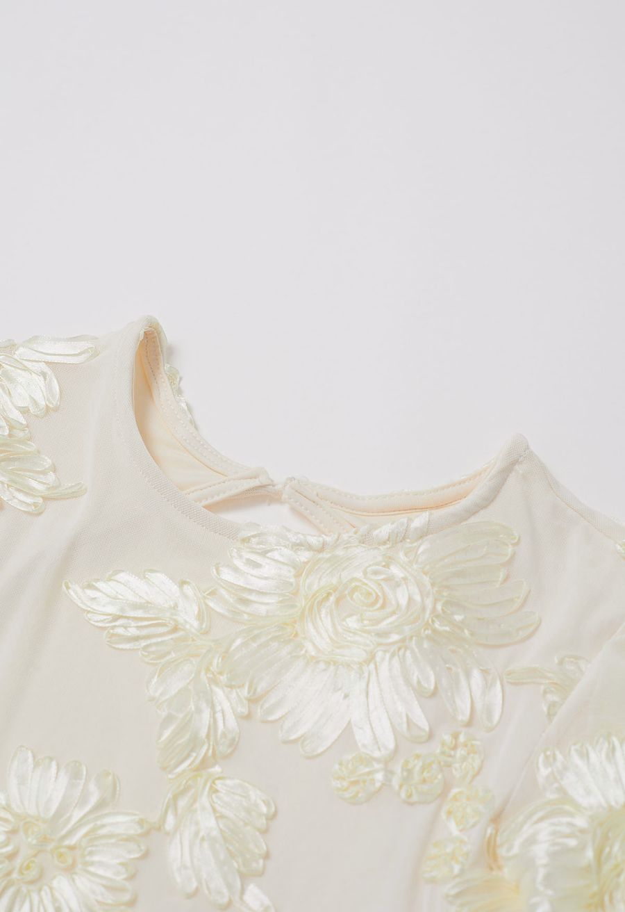 Tapework Lace Flare Cuff Mesh Mini Dress in Cream