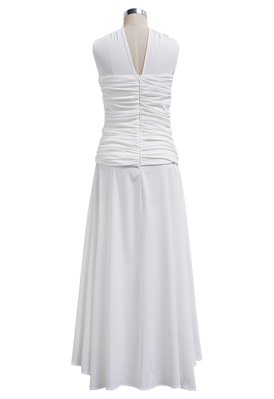 Halter Neck Ruched Asymmetric Maxi Dress in White