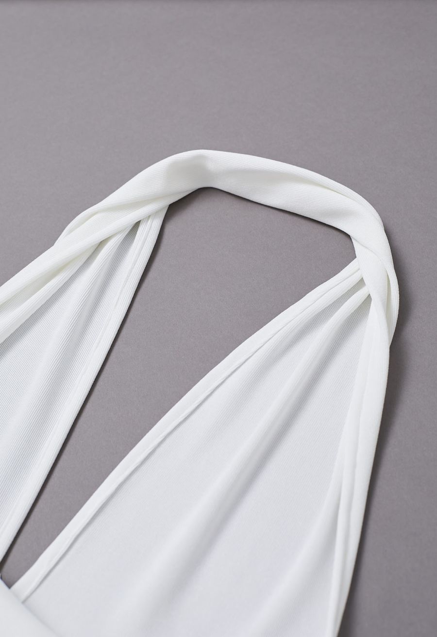 Halter Neck Ruched Asymmetric Maxi Dress in White