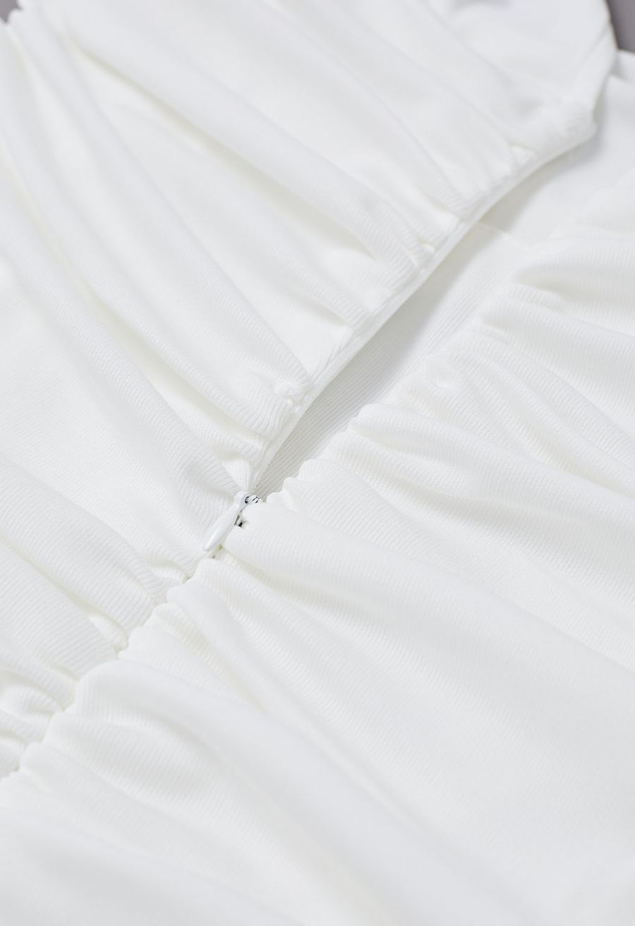 Halter Neck Ruched Asymmetric Maxi Dress in White