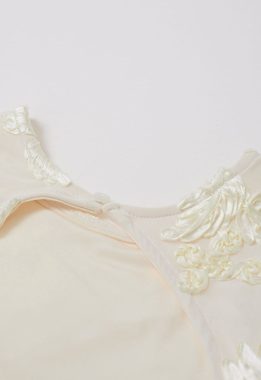 Tapework Lace Flare Cuff Mesh Mini Dress in Cream