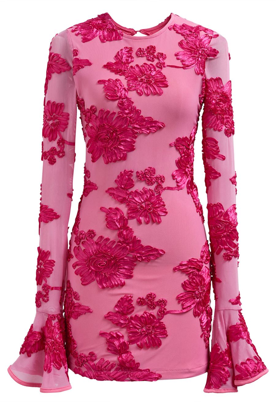 Tapework Lace Flare Cuff Mesh Mini Dress in Hot Pink