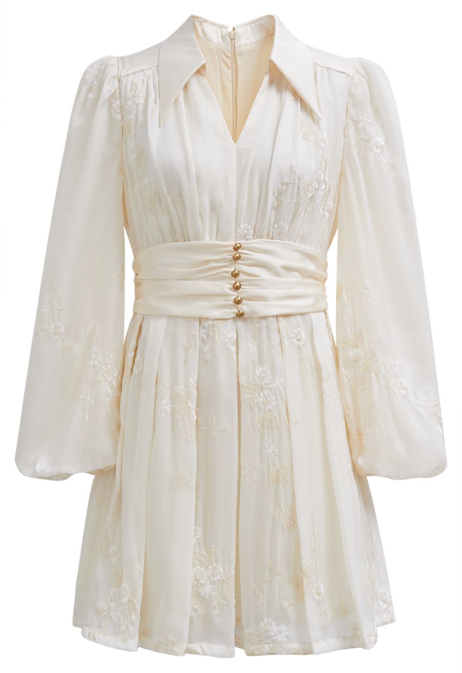 V-Neck Embroidered Floral Puff Sleeve Mini Dress
