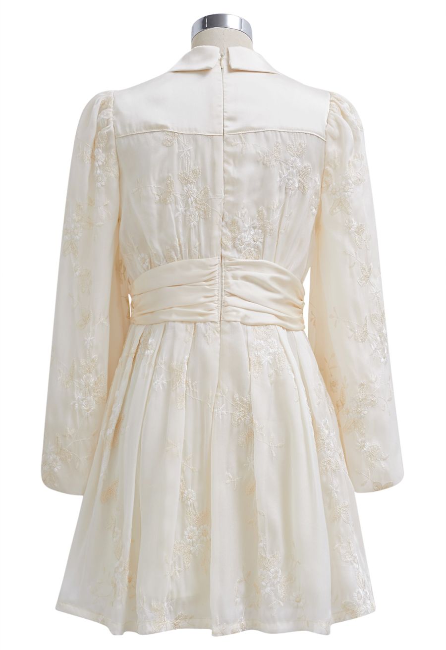 V-Neck Embroidered Floral Puff Sleeve Mini Dress