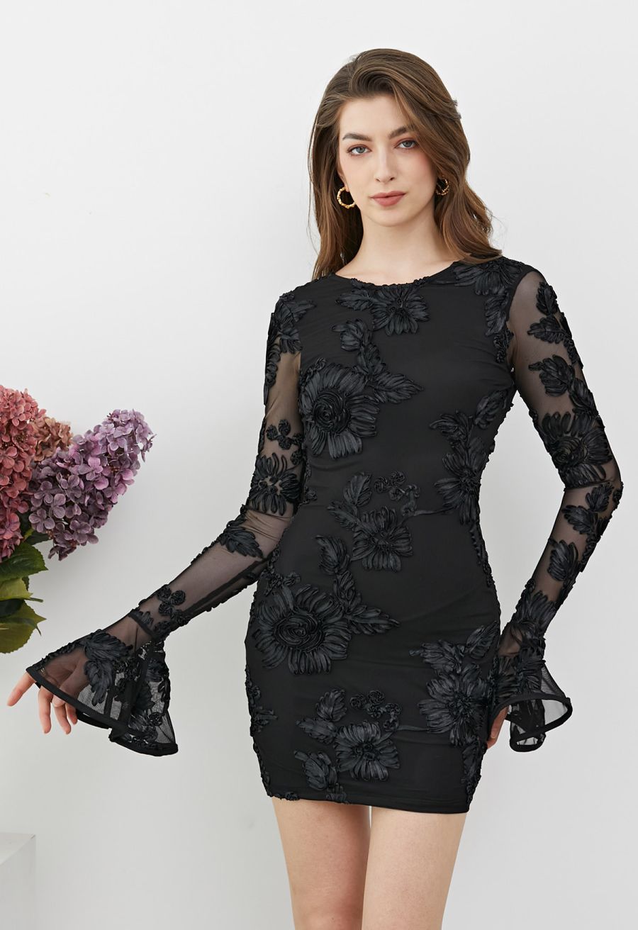 Tapework Lace Flare Cuff Mesh Mini Dress in in Black