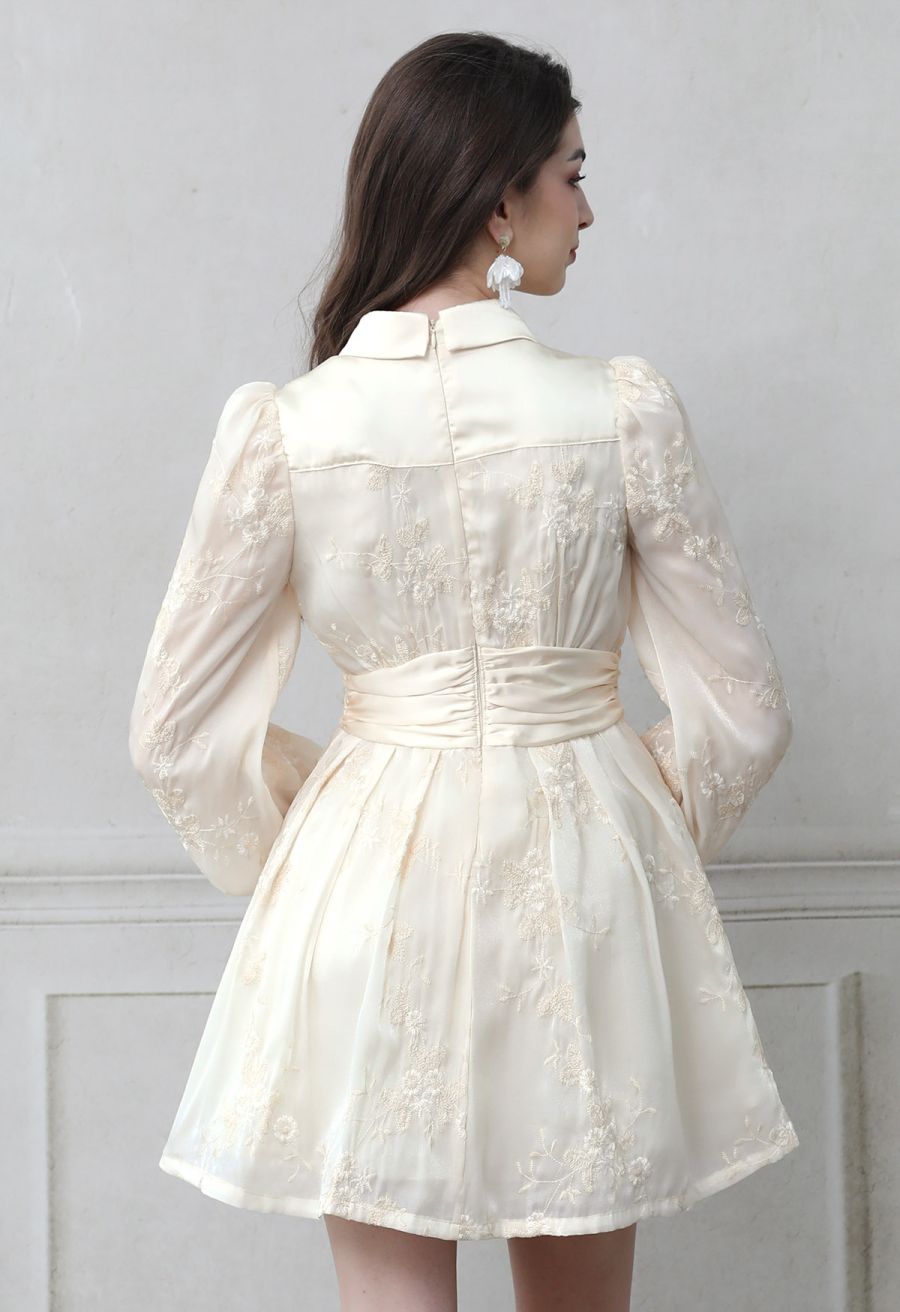 V-Neck Embroidered Floral Puff Sleeve Mini Dress
