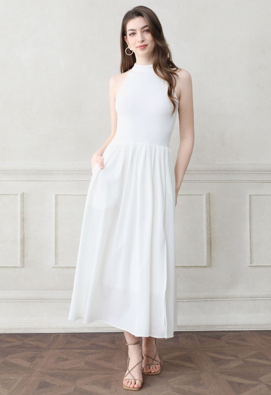 Pure Essence Side Pocket Split Halter Dress in White
