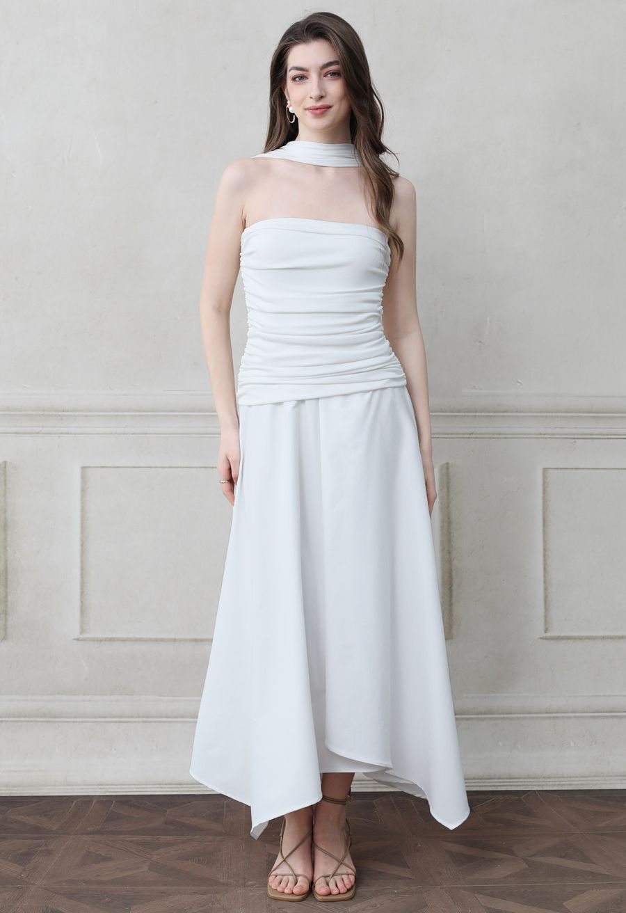 Halter Neck Ruched Asymmetric Maxi Dress in White