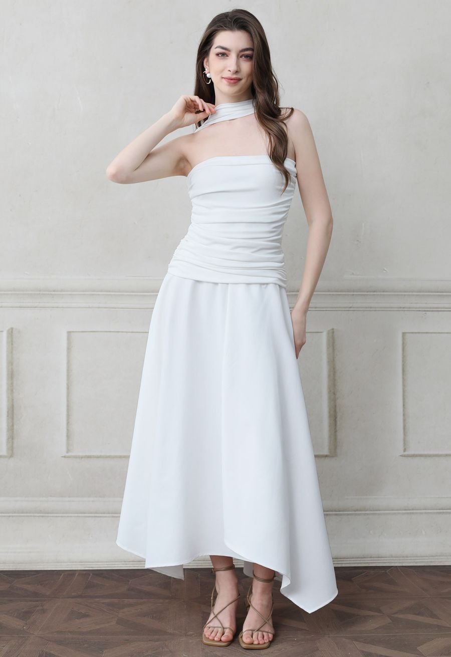 Halter Neck Ruched Asymmetric Maxi Dress in White