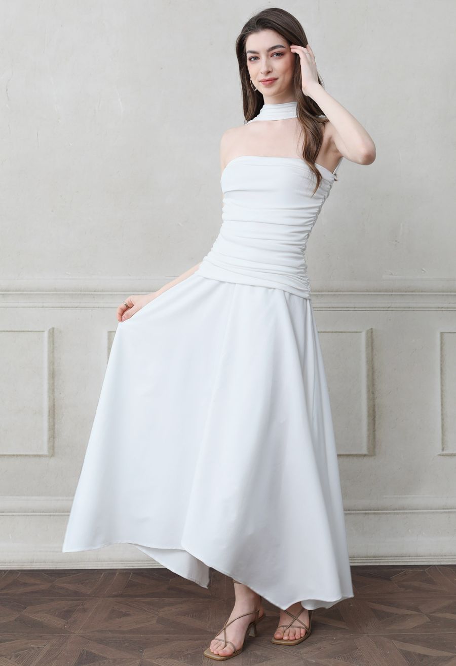 Halter Neck Ruched Asymmetric Maxi Dress in White