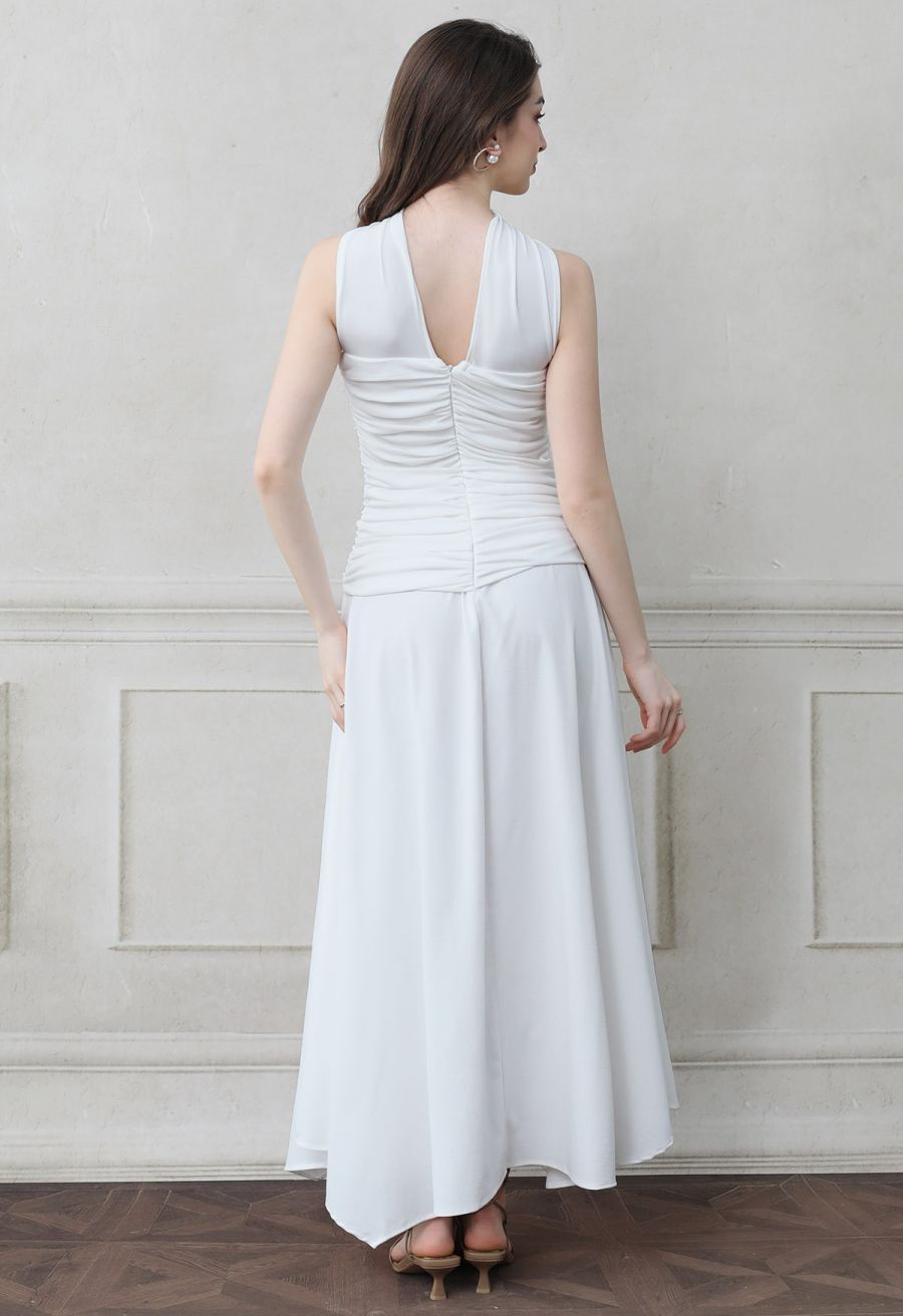 Halter Neck Ruched Asymmetric Maxi Dress in White