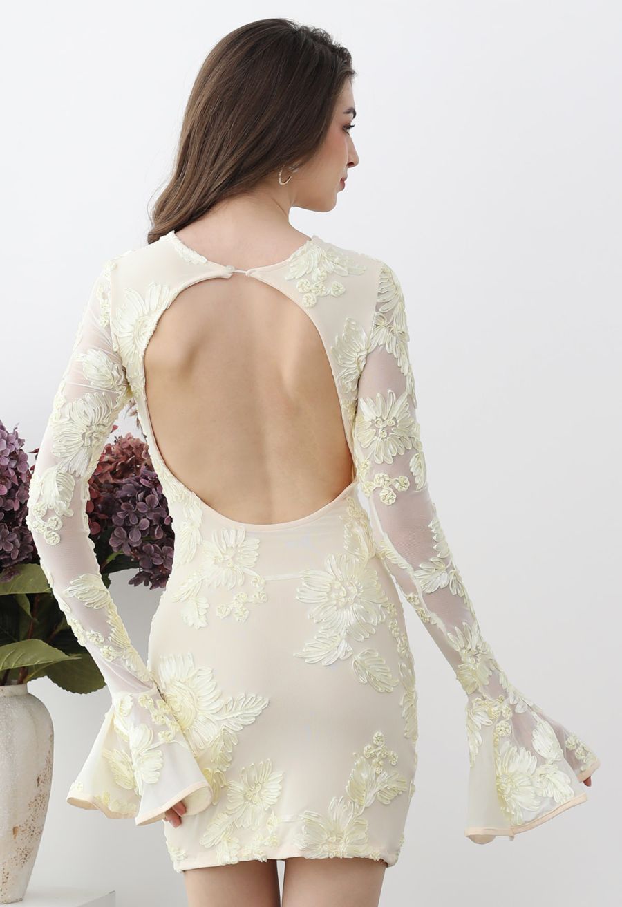 Tapework Lace Flare Cuff Mesh Mini Dress in Cream