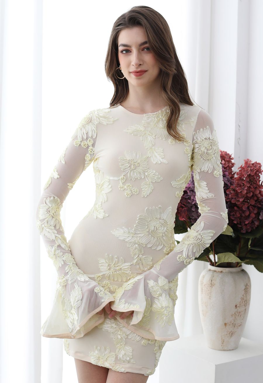 Tapework Lace Flare Cuff Mesh Mini Dress in Cream