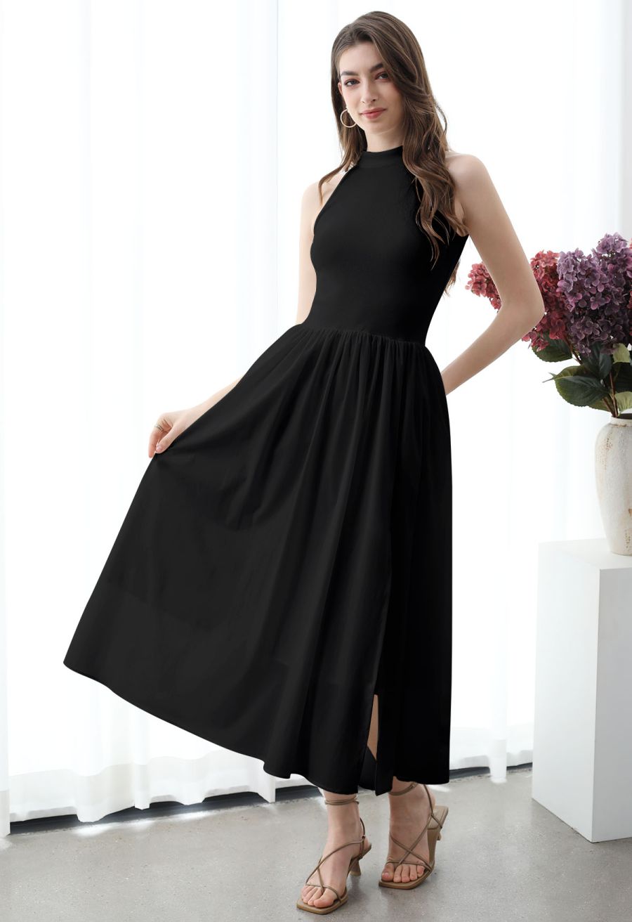 Pure Essence Side Pocket Split Halter Dress in Black