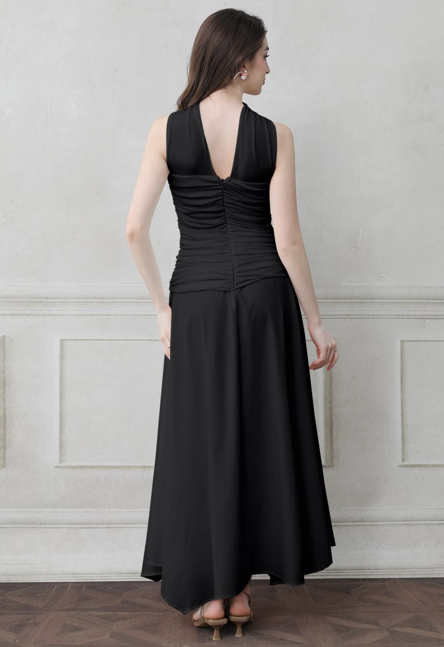 Halter Neck Ruched Asymmetric Maxi Dress in Black